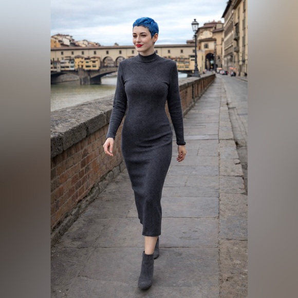 Vintage Dresses & Skirts - Vintage 80s, Gray, Ribbed Knit, Sweater Dress, Women’s S Long Sleeve, Mock Neck